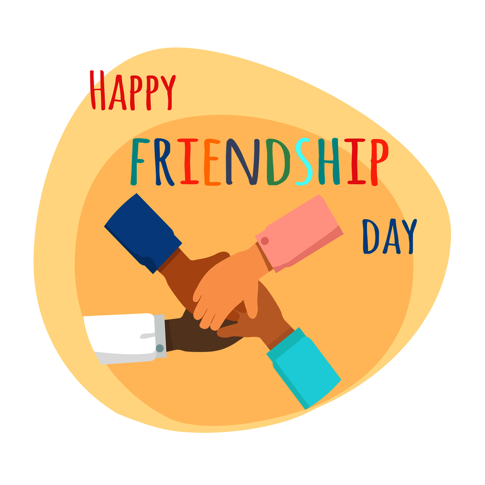 Happy friendship day illustration. Kids hands crossed together on yellow background. Vector illustration of international friendship. Holiday of togetherness, unity and having fun with friends.. Happy Friendship Day. Inernational Friendship