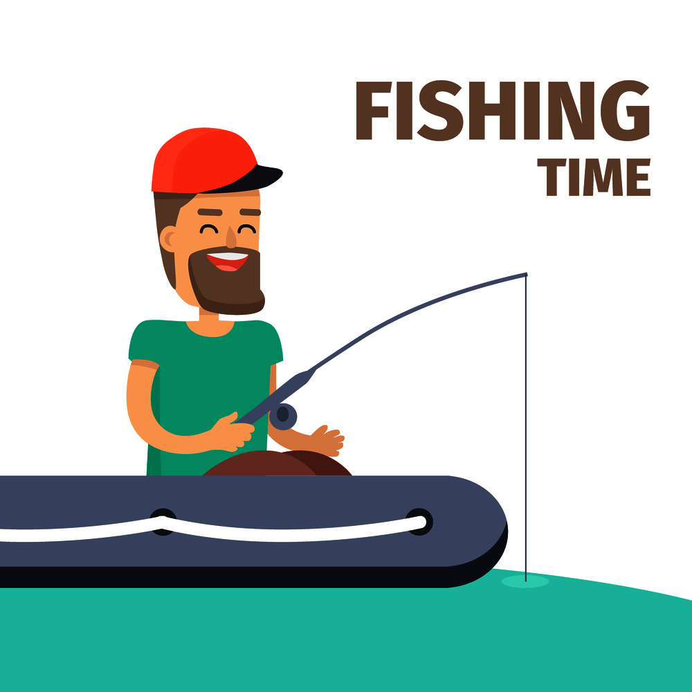 Fishing time. Cartoon fisherman in cap and turquoise T-shirt sits in inflatable boat, smiles and do fishing on water on white background. Vector illustration of male hobby in flat cartoon style. Fishing time. Fisherman Character Illustration