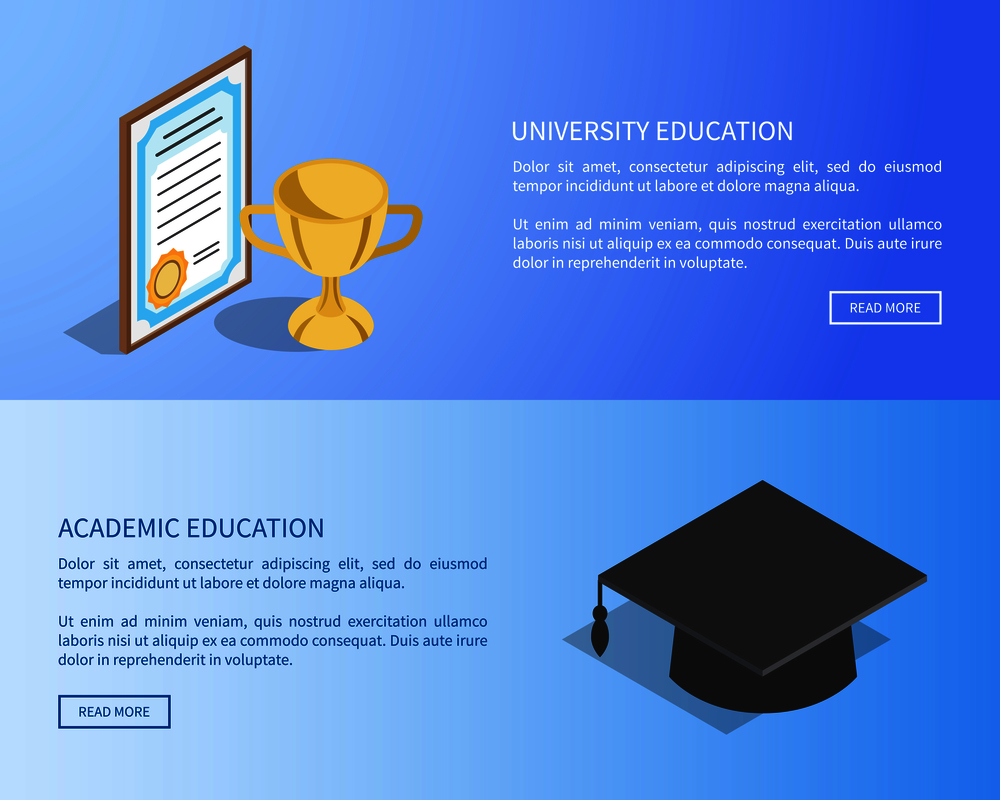 University and academic education Internet page with full information and diploma in frame, gold cup and square hat vector illustrations.. University and Academic Education Internet Page