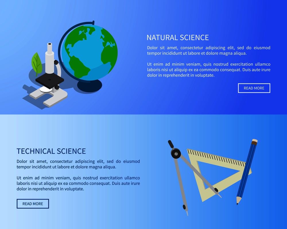 Natural and technical sciences Internet page with globe, powerful microscope, triangular ruler, simple pencil and metal divider vector illustrations.. Natural and Technical Sciences Internet Info Page