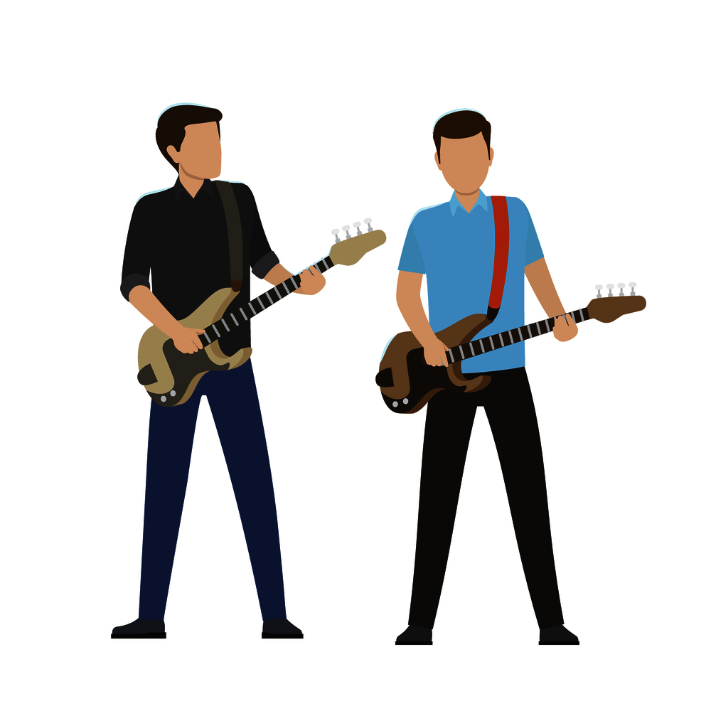 Musicians play on electric and bass guitar isolated vector illustration on white background. Music performance on modern instruments.. Male Characters Play on Electric and Bass Guitars