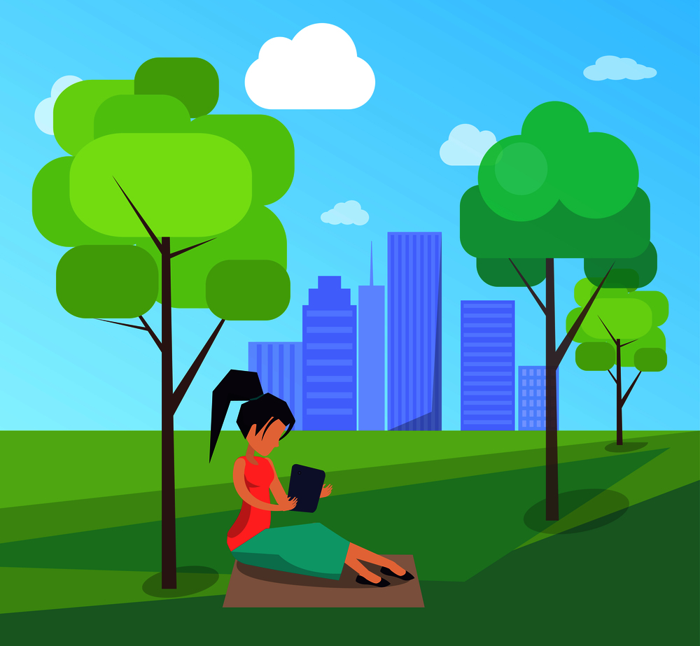 Work on fresh air conceptual vector banner with woman working on laptop sitting on lawn under tree, freelancer with notebook in city park. Work on Fresh Air Vector Banner Woman with Laptop