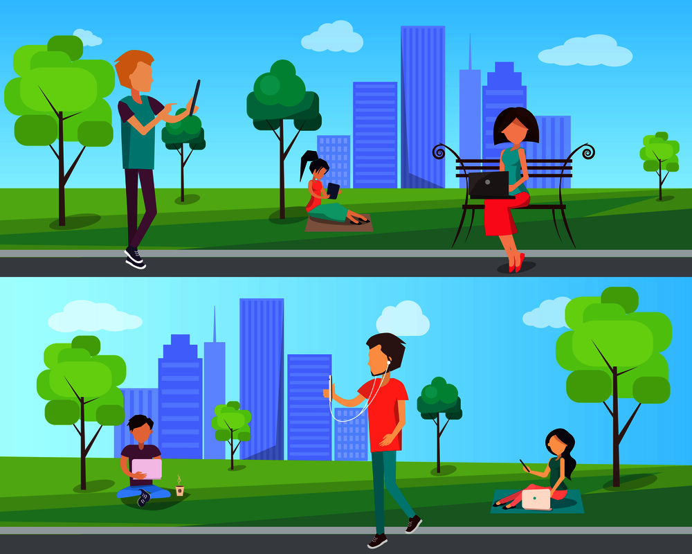 People spend time in city park with modern computer technologies, walk outdoors in free wi-fi zone vector illustration on background of skyscrapers. People Spend Time in City Park with Computer