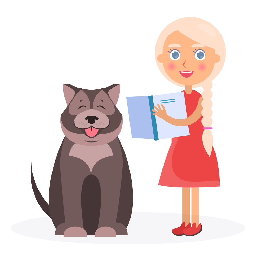 Pretty smiling girl holds blue tutorial and beside sitting tibetan mastiff with red tongue on white background vector illustration.. Pretty Girl with Book and Tibetan Mastiff on White