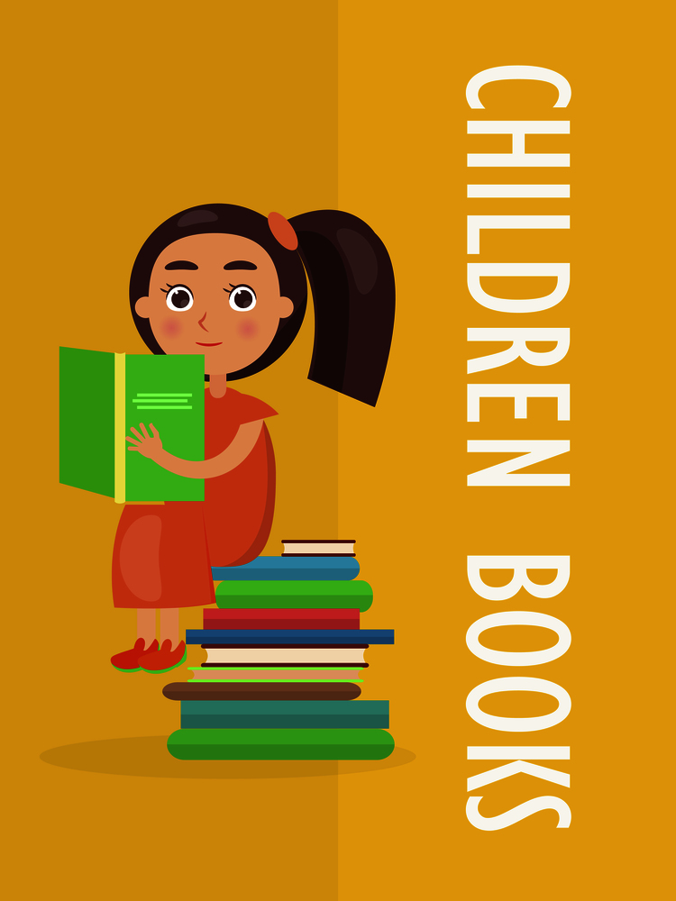 Children books advertisement with cute little girl in dress who reads textbook and sit on pile of books vector illustration.. Children Books Advertisement with Little Girl