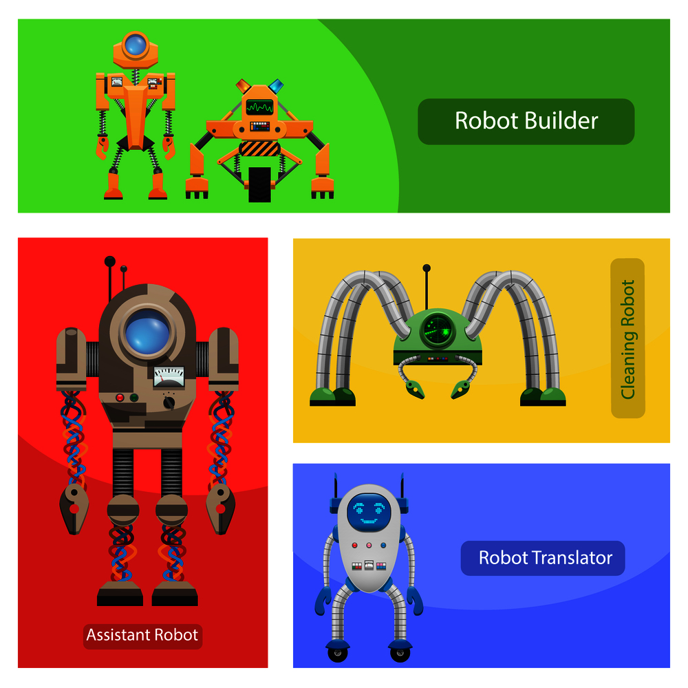 Unusual robots for building constructions, cleaning premises, translation in foreign languages and work assistance vector illustrations set.. Modern Roobots for Various Needs Illustrations Set