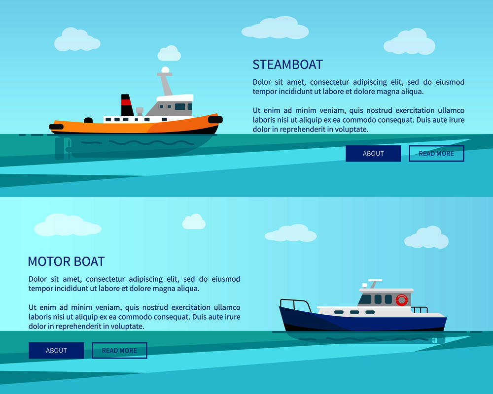 Retro steamboat and motor boat out in sea vector illustrations at internet page template with text. Small ships on cartoon seascape.. Retro Steamboat and Motor Boat out in Sea