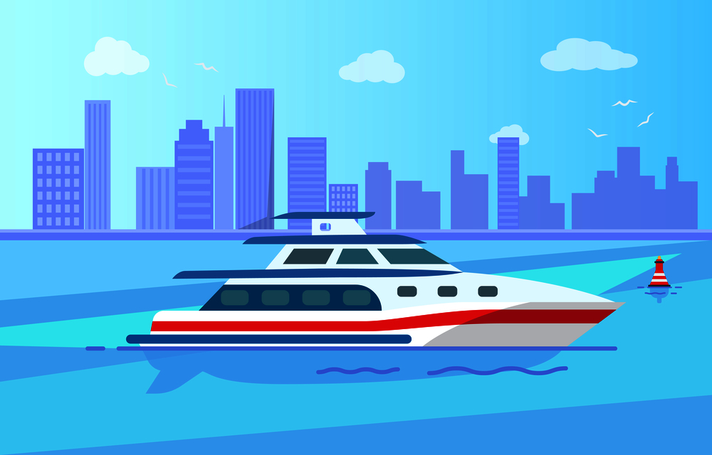 Luxurious yacht with spacious cabin out in sea near big city with high skyscrapers vector illustration. Expensive vessel for short distance trips.. Luxurious Modern Yacht on Water Surface near City