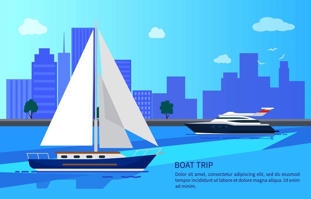 Boat trip promotional poster with luxurious vessels. Sailboat with white canvas and modern yacht on water surface near coast line vector illustration.. Boat Trip Promotional Poster with Modern Vessels