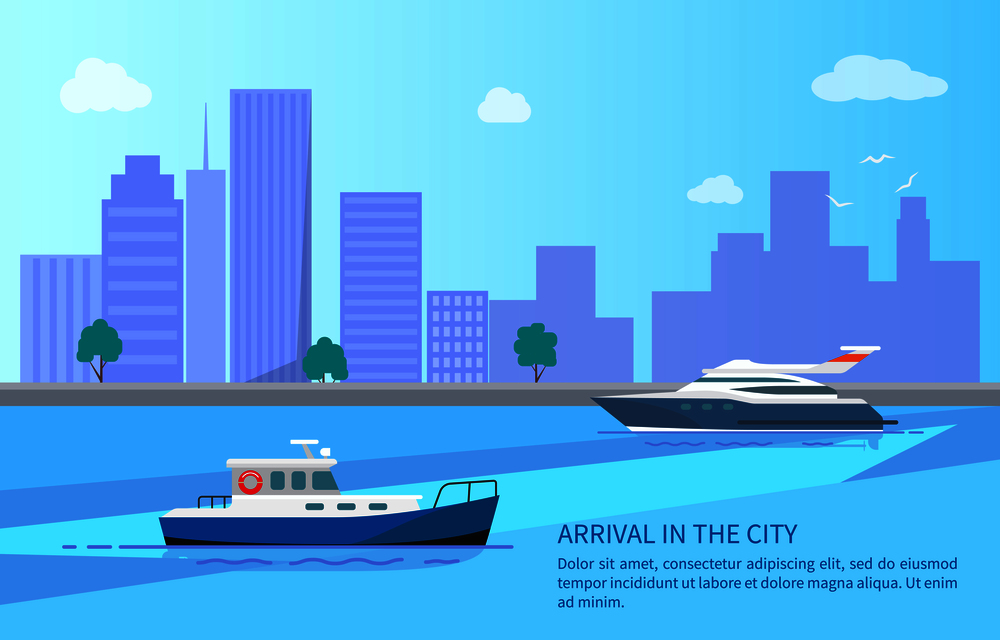 Arrival in city from sea trip on modern yacht and motor boat. Ships that stand near shore with high skyscrapers and green trees vector illustration.. Arrival in City from Trip on Yacht and Motor Boat