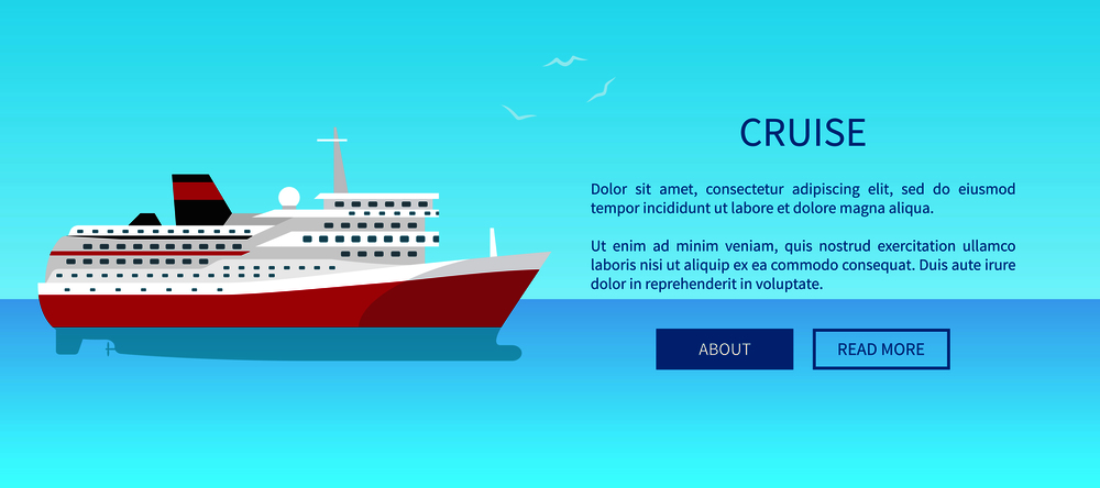 Cruise advertisement poster offering traveling on steamer by sea or ocean vector illustration. Liner web page design in travelling concept. Cruise Liner Web Page Design in Travelling Concept
