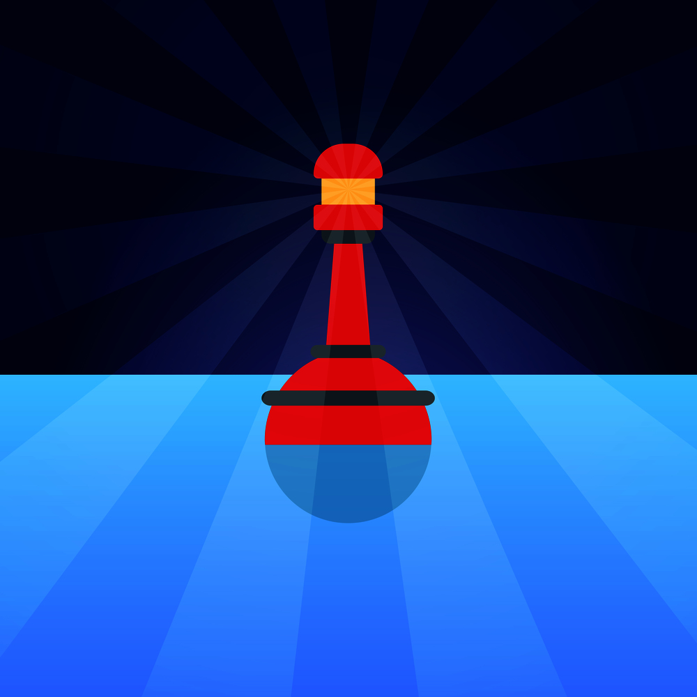 Red plastic buoy with lighter on top rounded in bottom placed into blue water with shining light rays. Equipment for safety in sea. Red Plastic Buoy with lighter in Blue Water