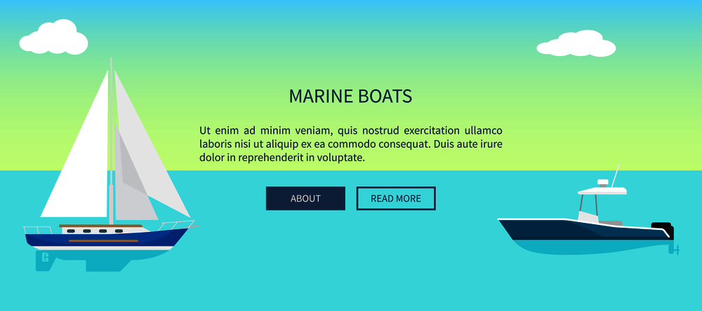 Marine boats web banner with text, yacht sailboat with white canvas on water surface and blue sky on horizon vector. Small ships for nice sea walks.. Marine Boats Web Banner with Text, Yacht Sailboat