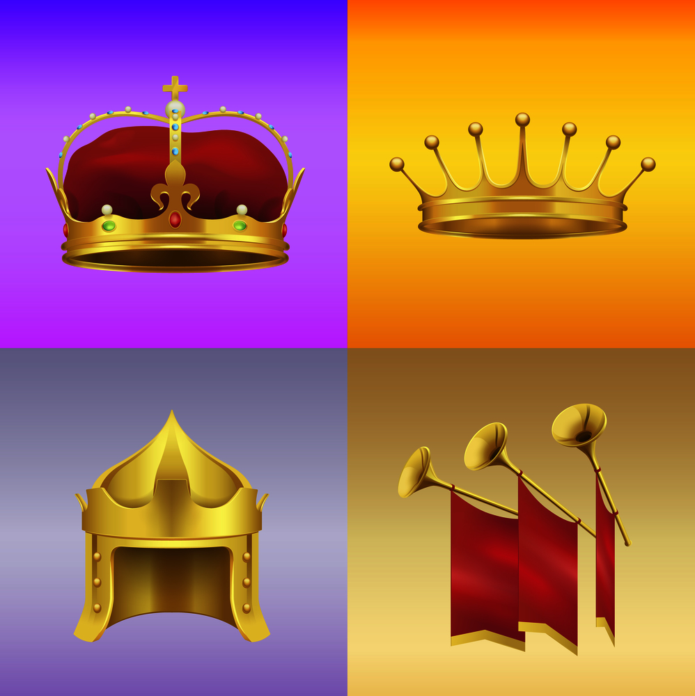 Gold kings crowns with gems, in form of helmet and with spires and gold chimneys with red cloth vector illustrations on colorful background.. Gold Kings Crowns and Chimneys Illustrations Set