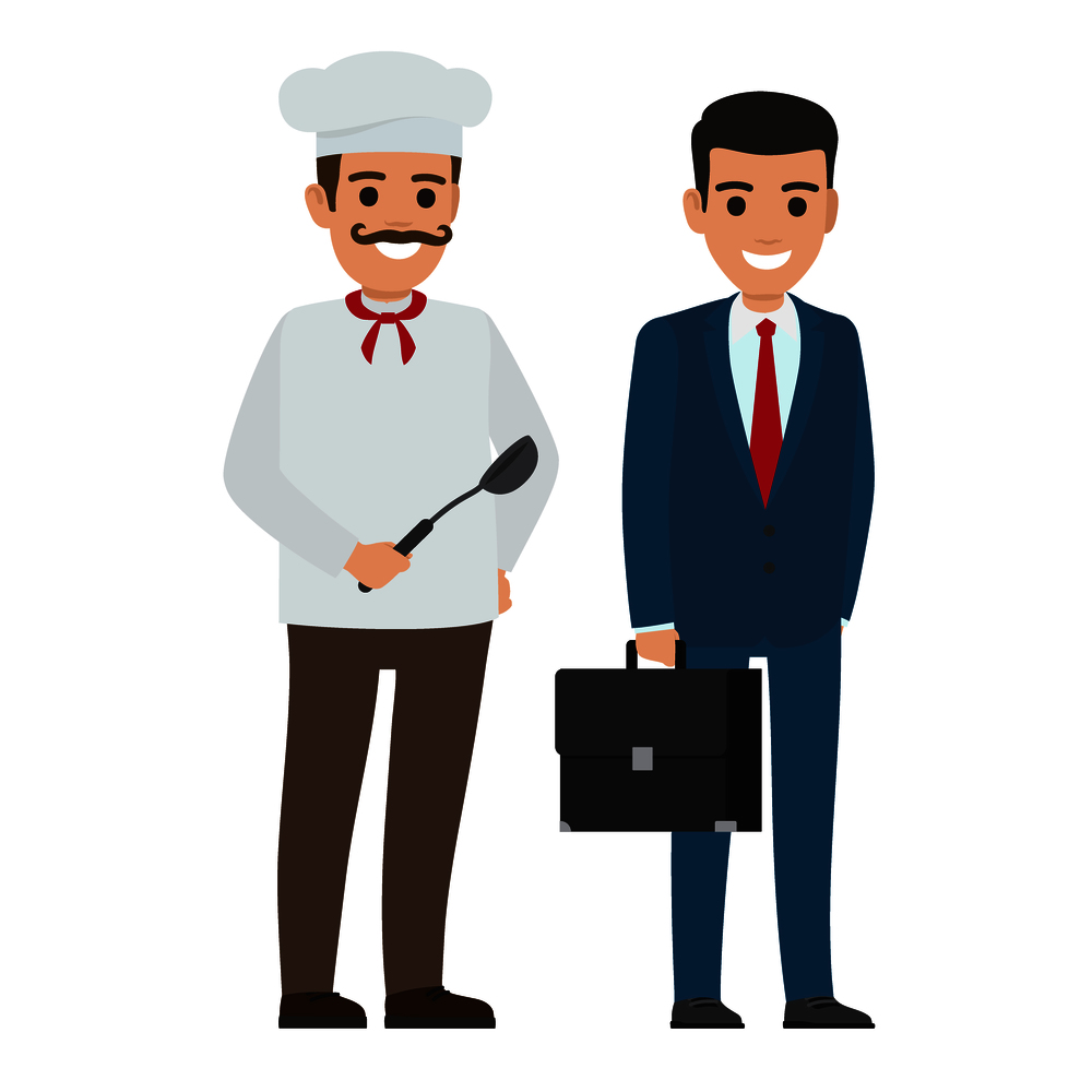 Chef food in uniform and manager in business suit. Whiskered person holds dark ladle and businessman with briefcase vector illustration. Set of Chef Food and Manager. Smiling Persons