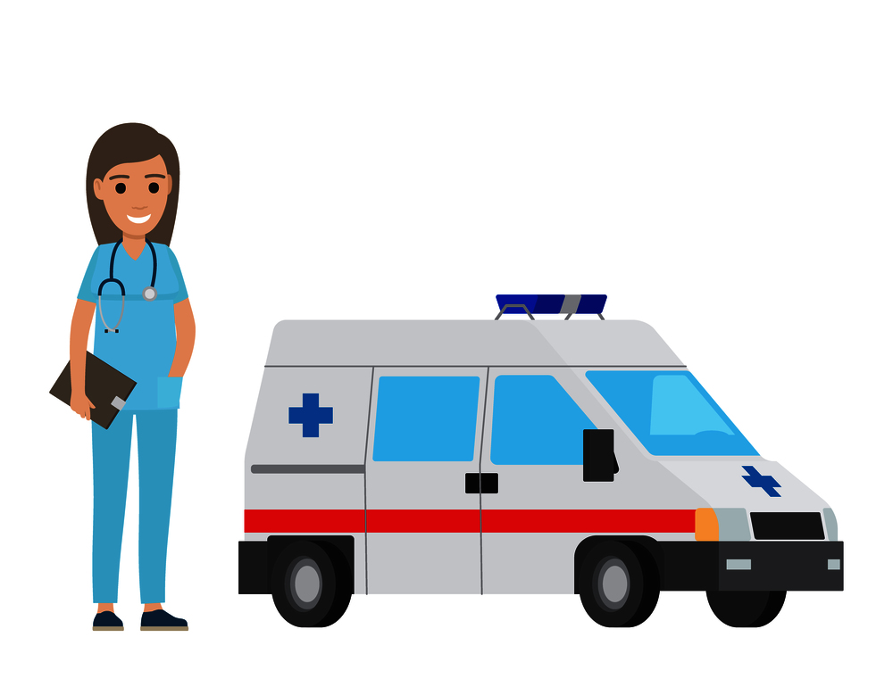 Nurse near ambulance car isolated on white vector illustration. Medical adviser with stethoscope on neck holds dark tablet.. Cheerful Nurse with Ambulance Car Flat Design