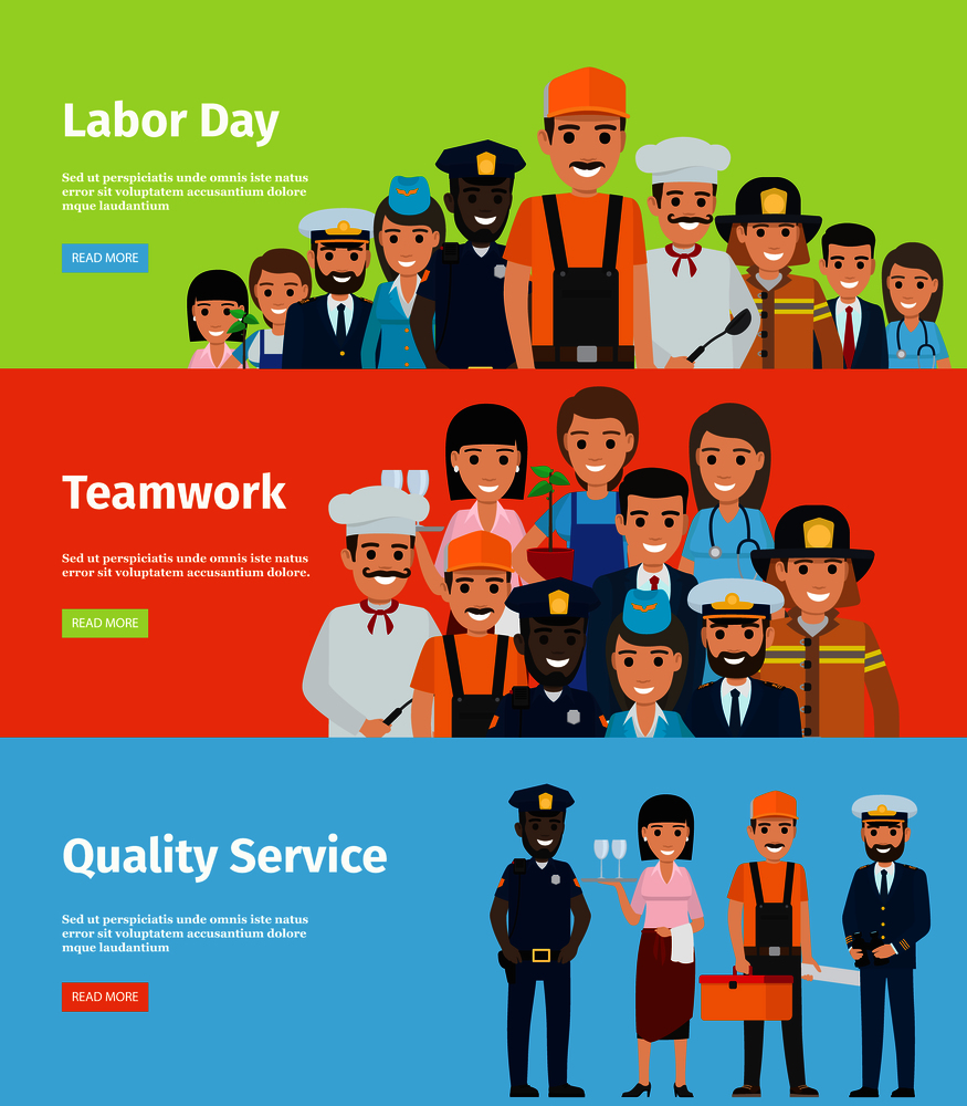 Labor Day, Teamwork and Quality Service Internet page with group of people of different professions vector illustrations.. Labor Day, Teamwork and Quality Service Info Page