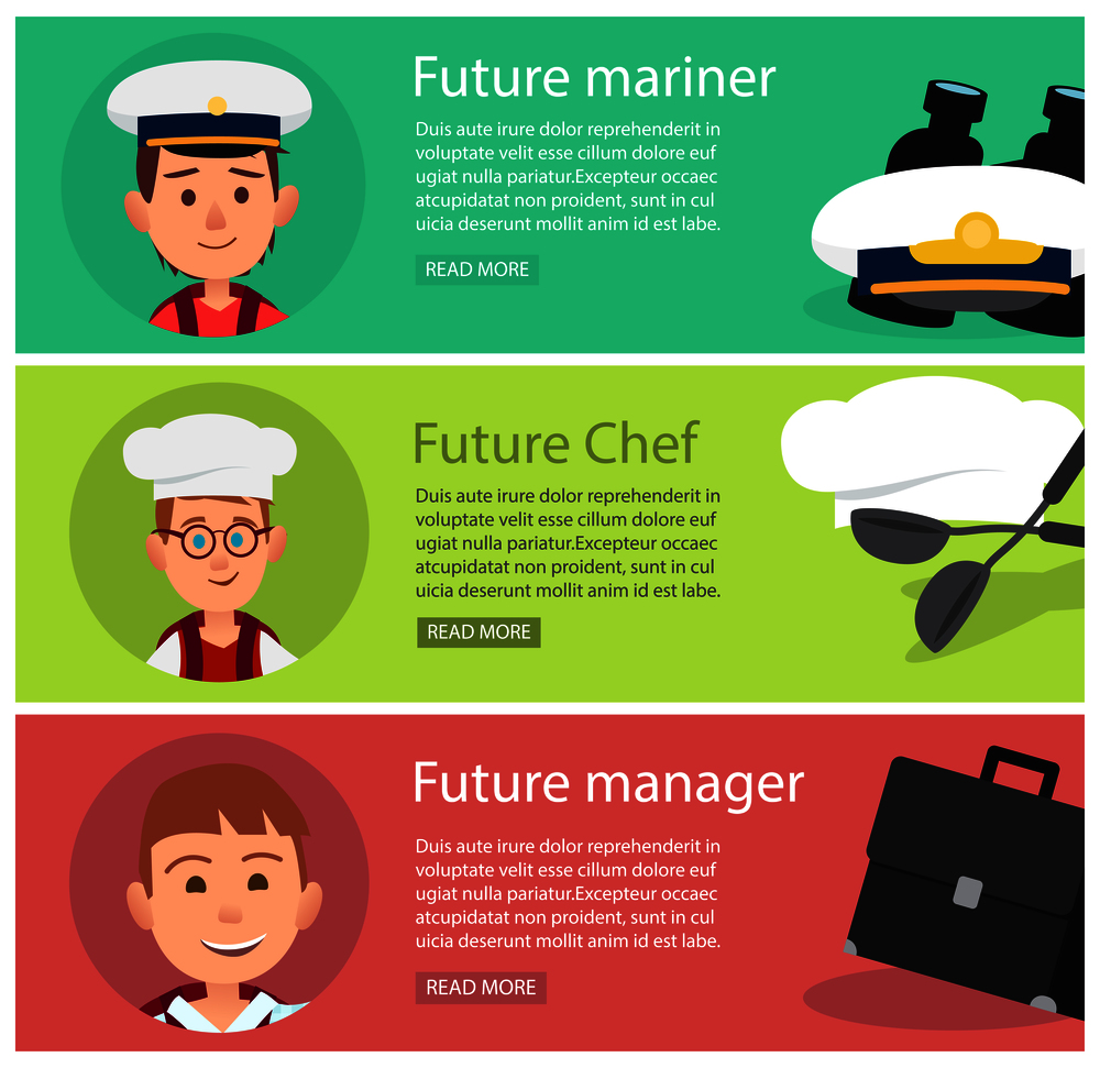 Boy in captain cap that dreams to be mariner, boy in chef hat that love cooking and boy that want to be a well off manager vector illustrations.. Future Mariner, Chef and Manager Illustration