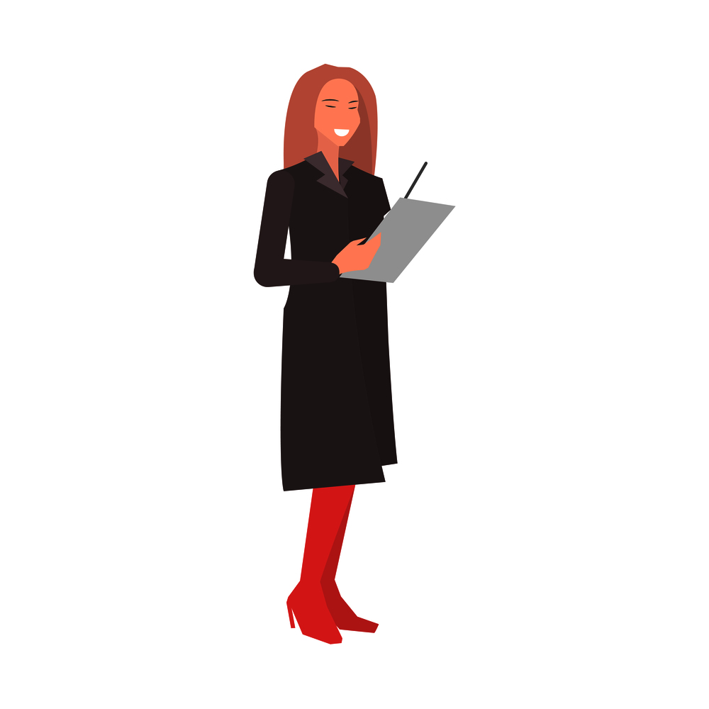Smiling woman prepares for report discussion flat design isolated on white. Female dressed in black long jacket and red boots. Businesswoman holding paper and pen. Vector illustration of startups.. Smiling Woman Prepares for Discussion Flat Design