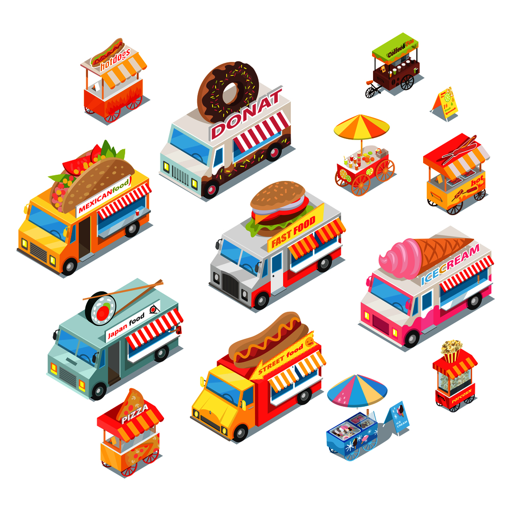 Street food eateries on wheel isometric projection icons set. Angular vans and carts with donuts, tacos, hotdog, ice-cream, pizza on roof isolated vectors. Movable mobile cafe or store illustration