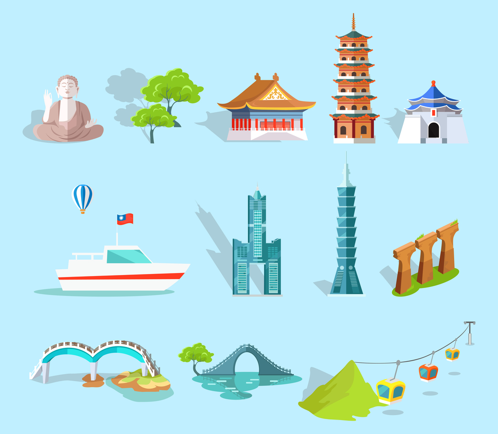 Set of Taiwan Attractions. Vector illustration of Chiang Kai-shek Hall, Confucius Temple, lasting Taipei, Dragon and Lunar Bridges, Skyscraper Tanteks, Maokong Cableway, statue of Buddha, white boat.. Concept of Taiwan Attractions Graphic Art Design