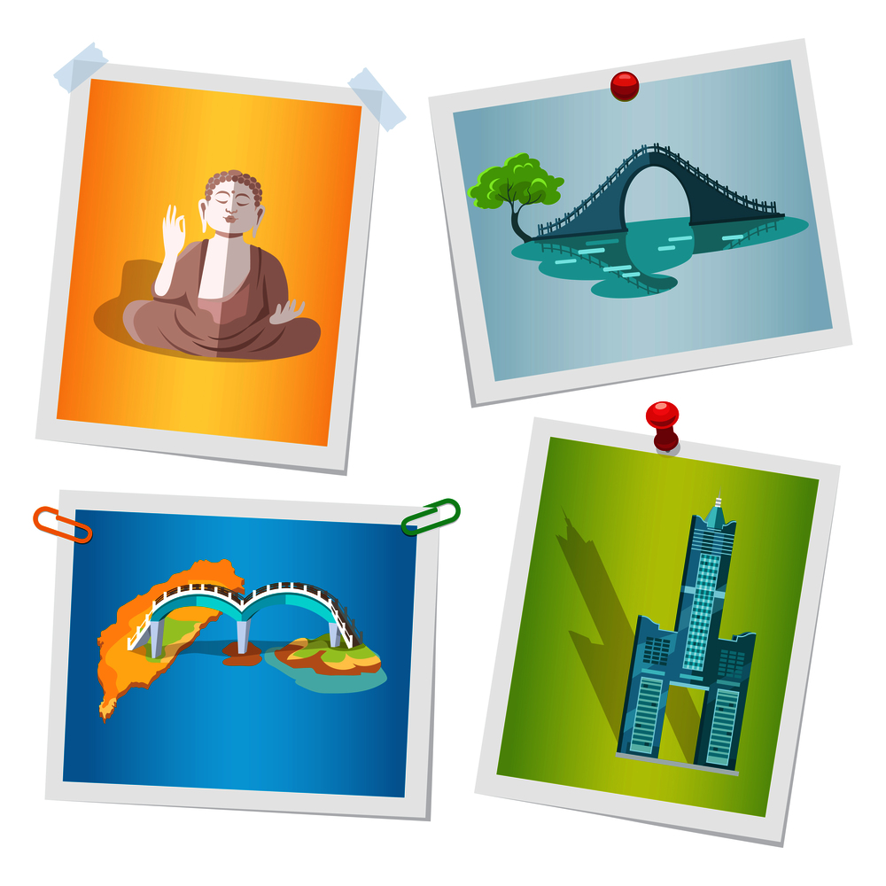 Images with Taiwanese national attractions attached by paper clips, drawing pins and scotch tape to wall. Vector illustration in flat design of photographs with memories about travel to Asian country. Images with Taiwanese Attractions Attached to Wall