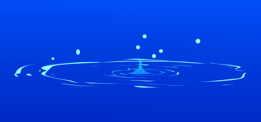 Drops falling into water isolated on blue. Spring characterized by intermittent discharge of water ejected turbulently and accompanied by steam. Splashes of water in round aqua source of liquid vector. Drops Falling into Water Isolated on Blue. Spring