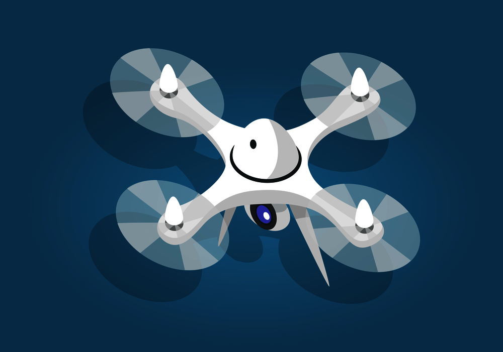 White flying quadcopter flat and shadow theme on blue background. Remote aerial drone with camera taking photography or video recording. Vector illustration art web banner in cartoon design.. White Flying Quadcopter Flat and Shadow Theme