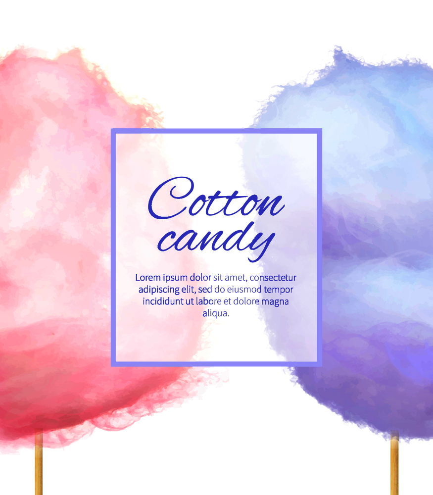 Cotton candy banner with sweet floss form of spun sugar vector colorful illustration isolated on white with place for text. Pink and purple candies. Cotton Candy Banner with Sweet Floss Spun Sugar