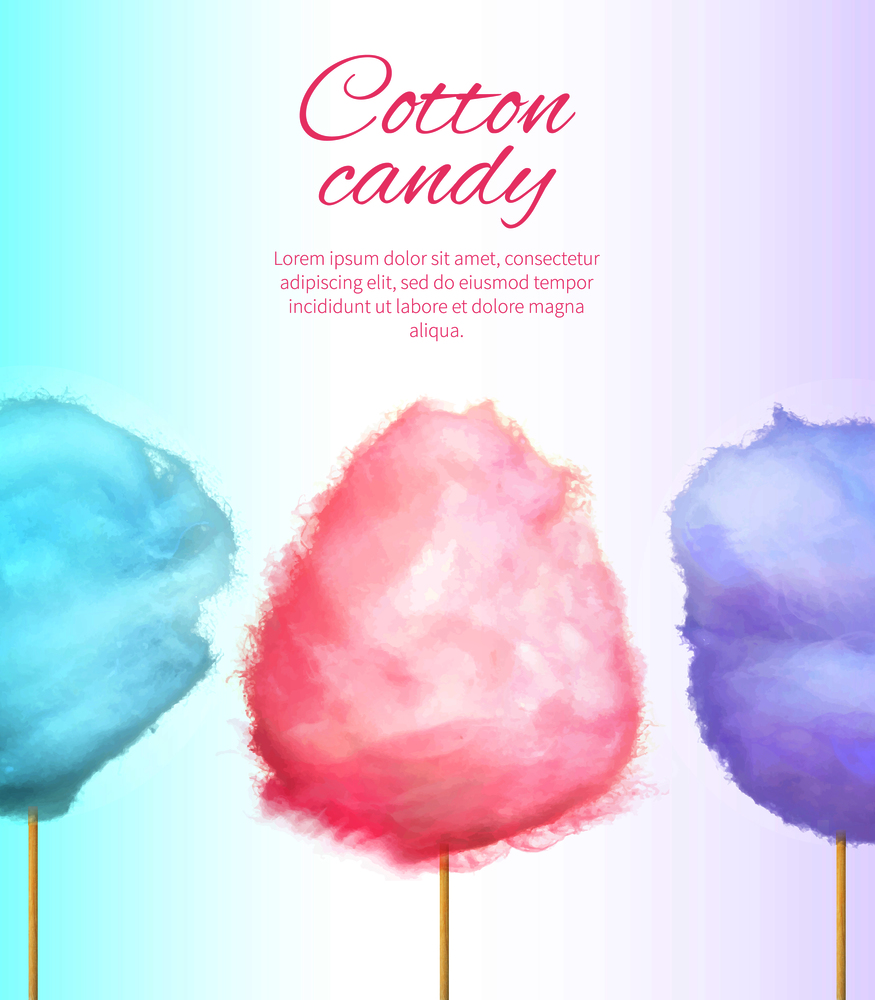 Cotton sweet candies on stick vector colorful illustration isolated on white with place for text. Banner with tasty floss form of spun sugar. Cotton Candy Banner with Sweet Floss Spun Sugar