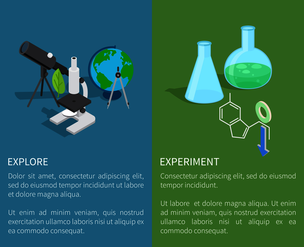 Explore and experiment template vector poster of two parts with test tubes set, black telescope and microscope above written texts. Explore and Experiment Template Vector Poster