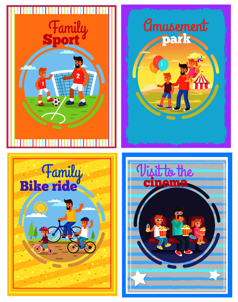 Father amusing with children in park, watching film in cinema, riding bikes or doing sport outside vector poster of four cards. Father with Amusing with Kids Set of Four Cards