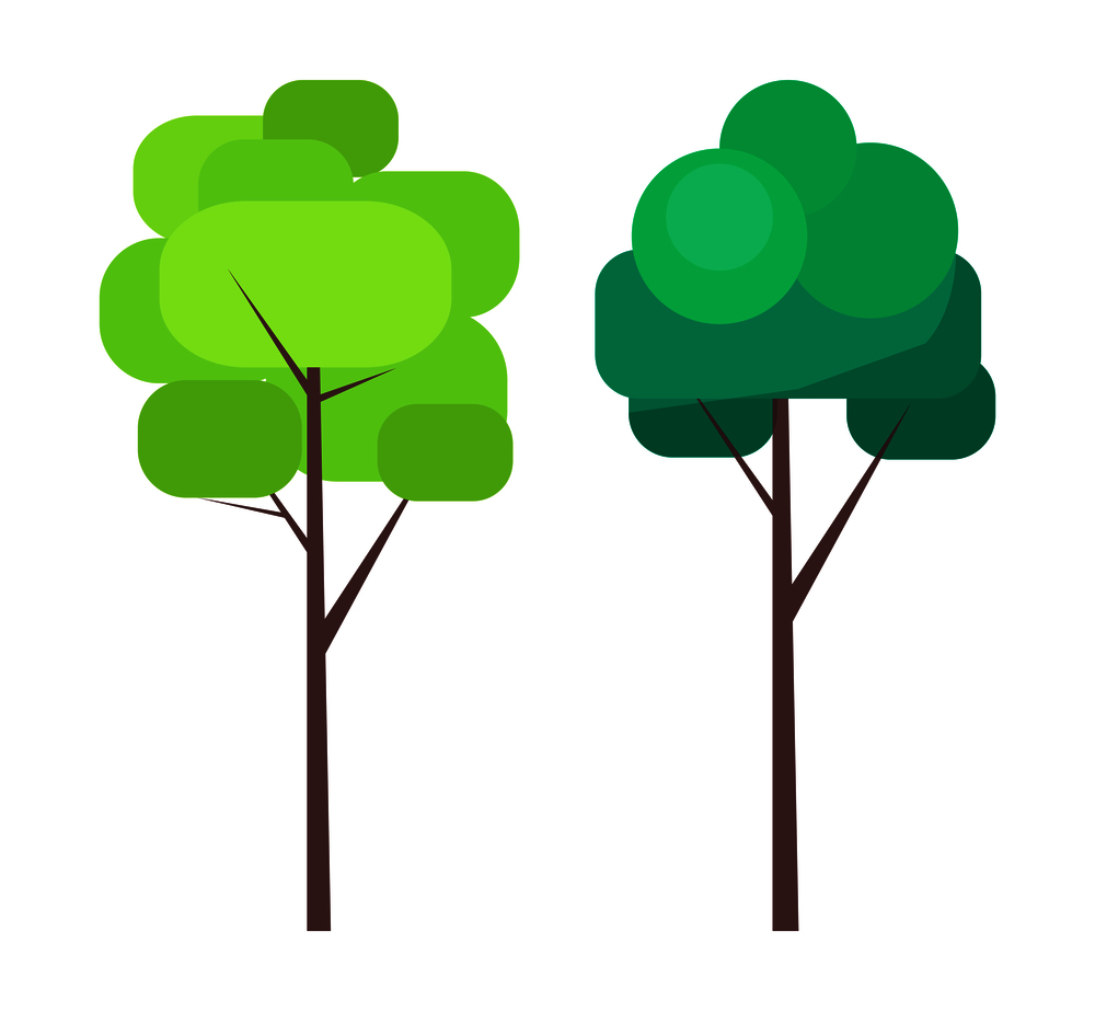 Abstract trees in green colors on thin trunks vector illustration in cartoon style isolated on white. Nature plants for your design. Abstract Tree in Green Colors on Thin Trunk Vector