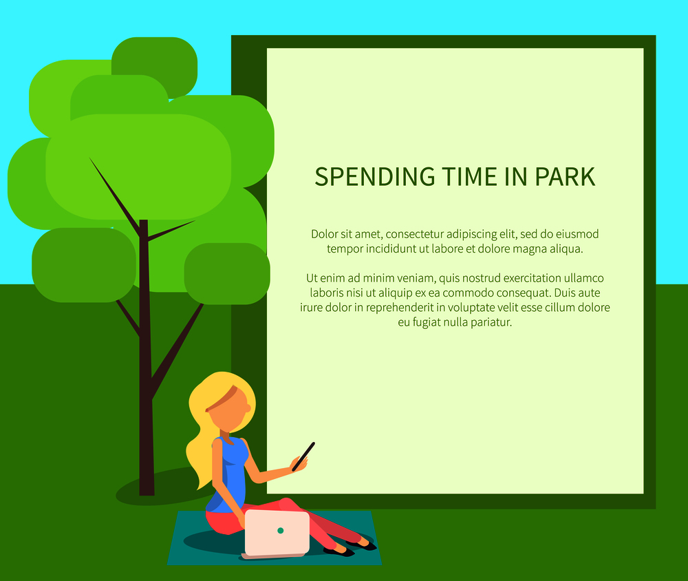 Spending time in park conceptual banner with blonde woman sitting on cover with laptop and mobile phone. Vector illustration of lady working on lawn. Spending Time in Park Conceptual Banner with Woman