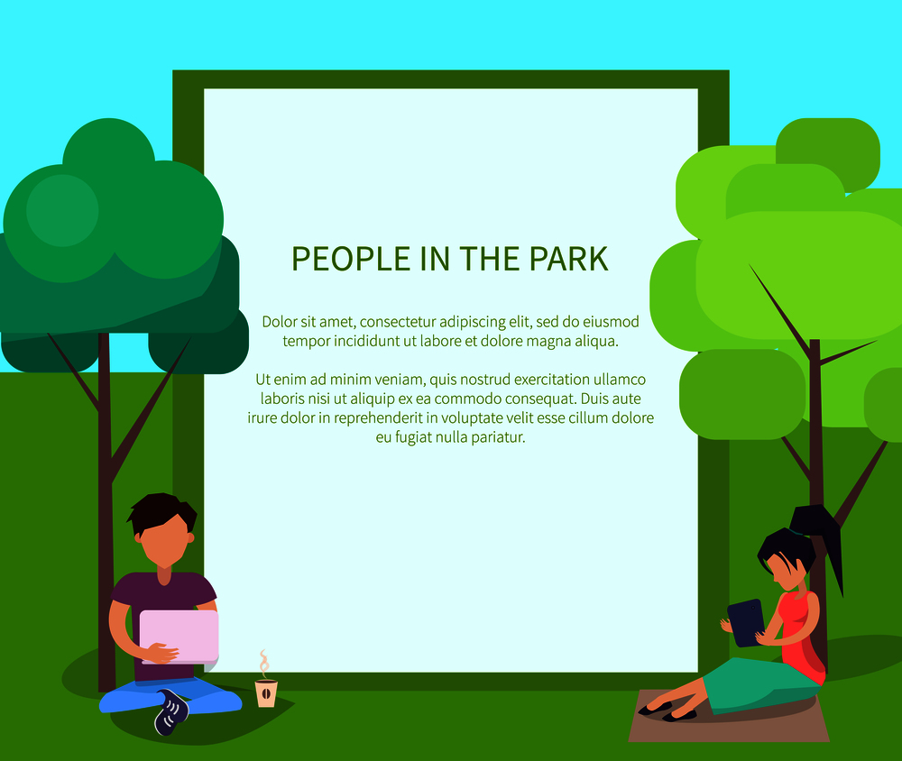 People in park using modern computer technologies web banner with place for text. Man and woman with gadgets sitting in wi-fi zone. People in Park Using Modern Computer Technologies