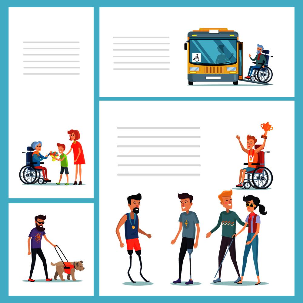 Old man on wheelchair takes bus, grandkids give flowers their granny on wheelchair, blind man walks and disabled people in sport vector illustrations.. People with Disabilities Do Regular Staff Set