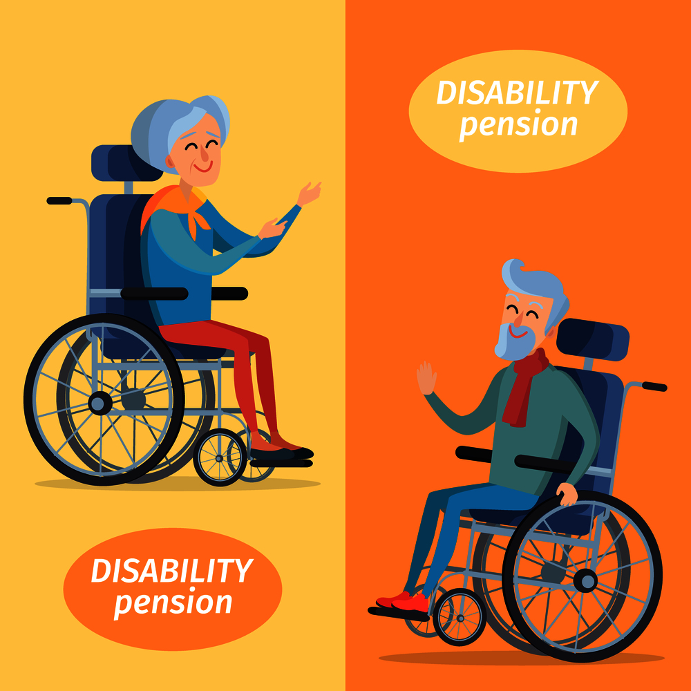 Disability pension two smiling gray-haired pensioners on wheelchairs. Vector illustration isolated on yellow and orange background.. Disability Pension Two Pensioners on Wheelchairs