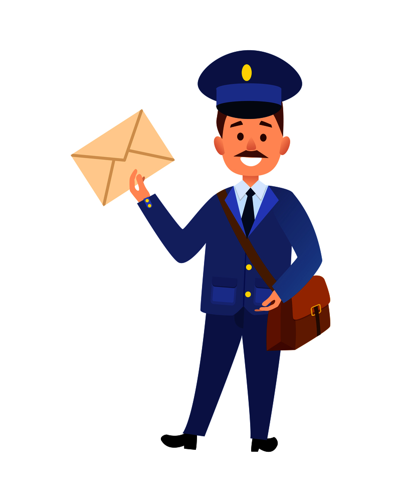 Postman cartoon character in blue uniform delivering letter flat vector illustration isolated on white background. Mailman with mailbag holding paper envelope. Smiling mustached postal courier icon