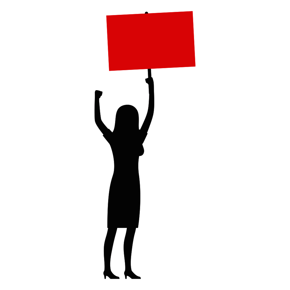 Woman black silhouette with red streamer raises her hand and shows protest isolated vector illustration on white background.. Woman Silhouette with Red Streamer Illustration
