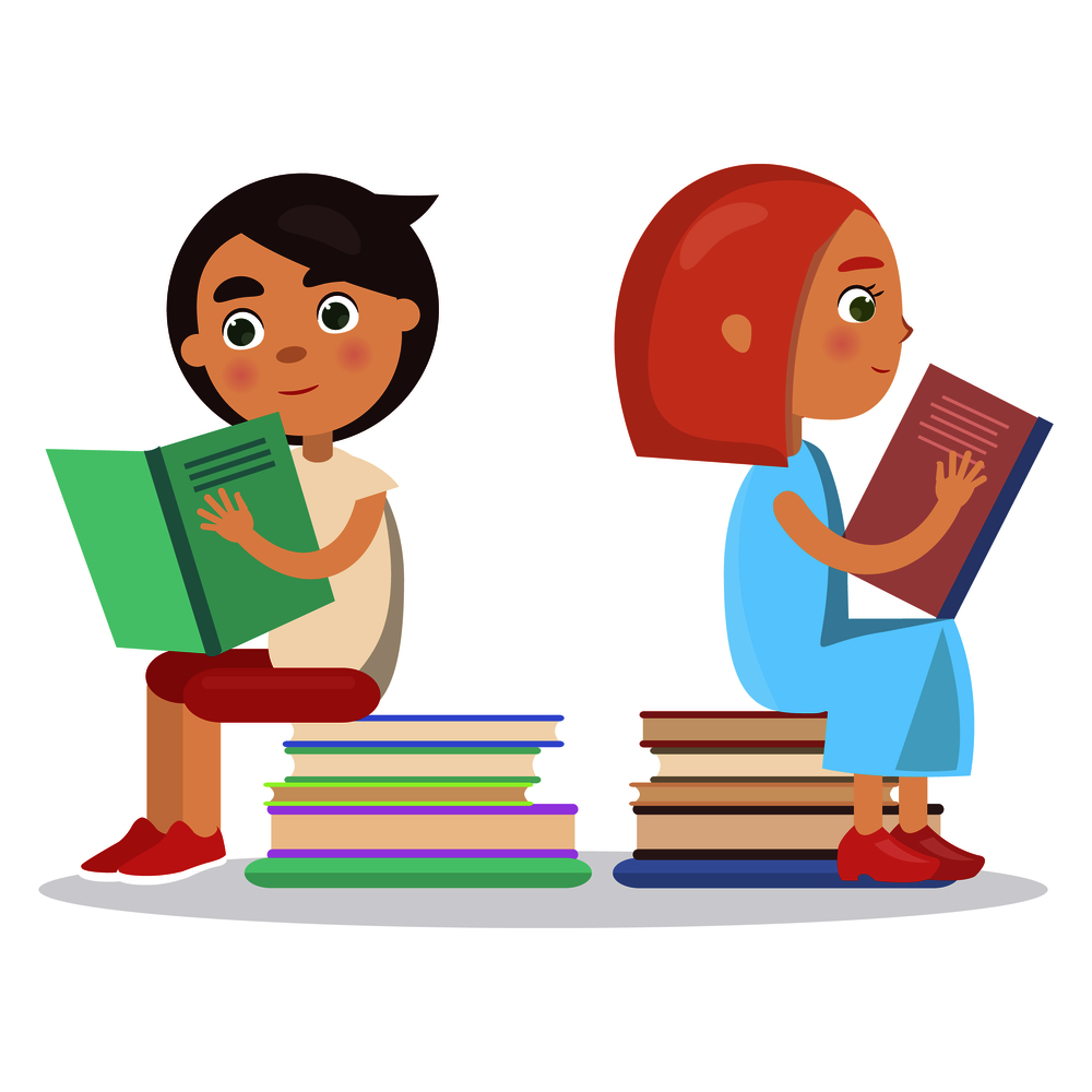 Girl and boy with open textbook sit on pile of books vector illustration in concept of International Literacy Day isolated on white. Girl and Boy with Open Textbook Sit on Books