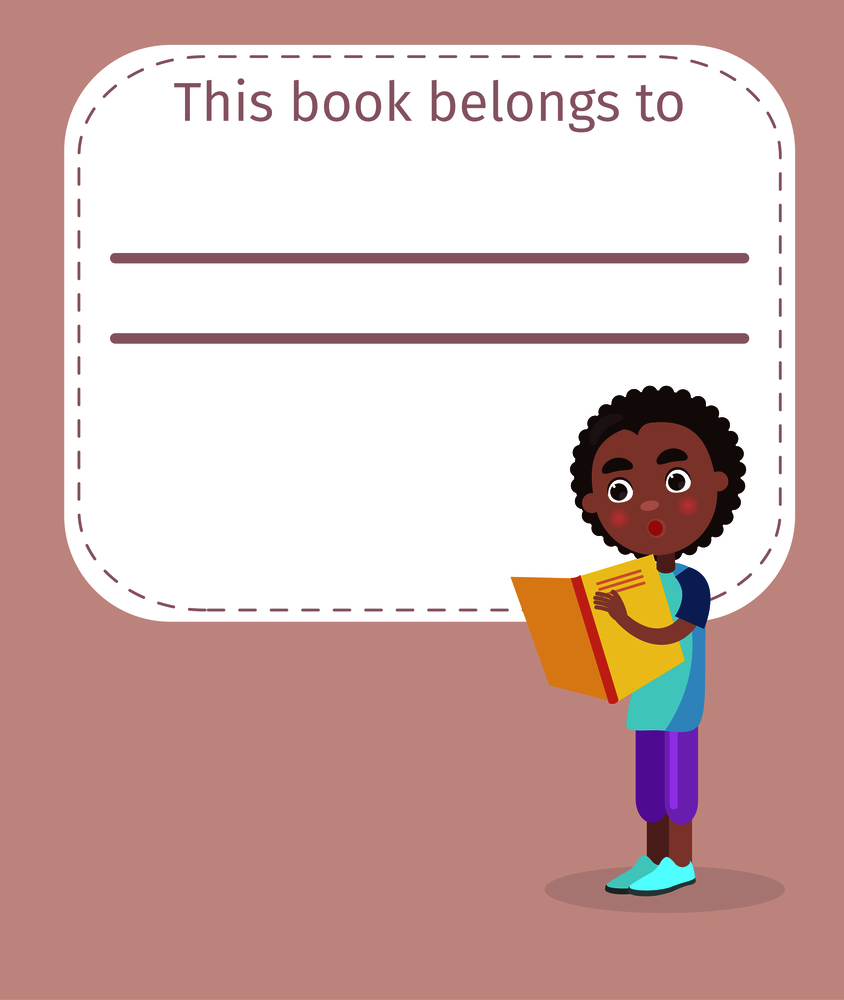 Place for book owner name and African boy in blue T-shirt who reads with interest on peach color cover vector illustration.. Place for Book Owner Name and African Boy on Cover