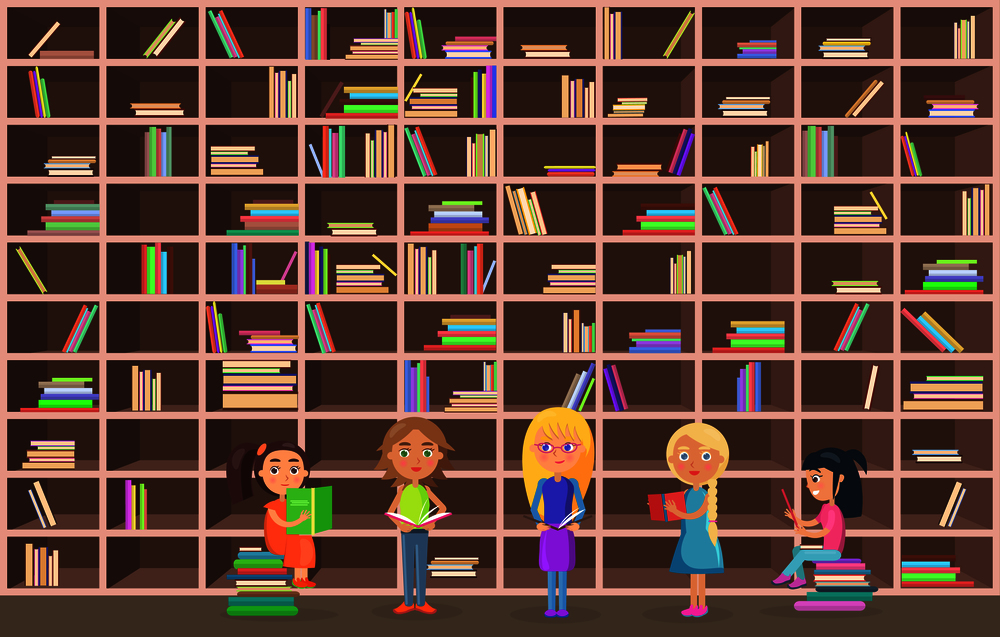 Little girls stand and sit beside huge bookcase full of books with colorful covers in library and read vector illustration.. Children in Library Read Books Beside Bookcase
