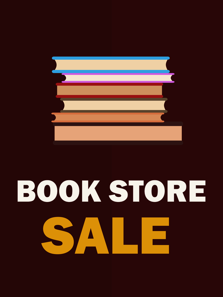 Book store sale poster with pile of books close up vector illustration on brown background. Banner dedicated to International Day of Literacy. Book Store Sale Poster with Pile of Books Closeup