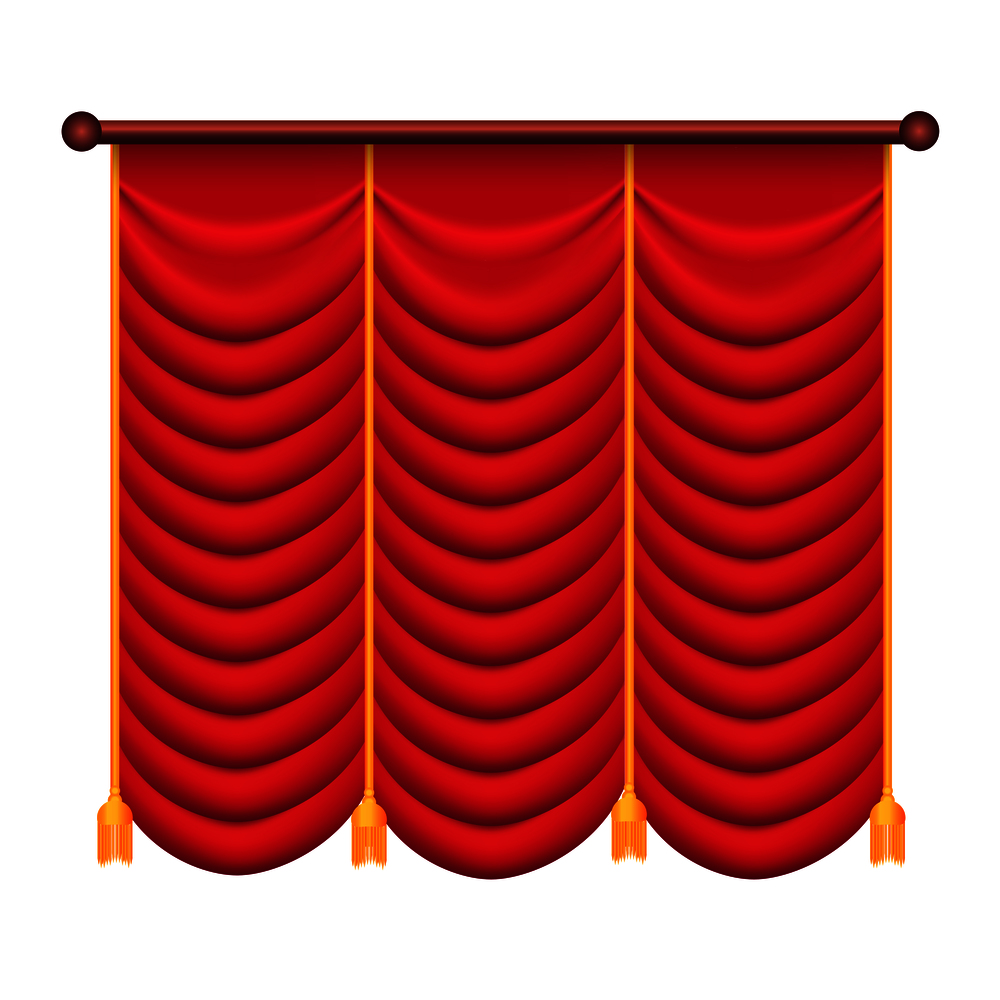 Heavy drape of red fabric with gold tie back rope and tassels vector isolated on white. Classic curtain in victorian style on cornice illustration for window dressing and interior design concepts