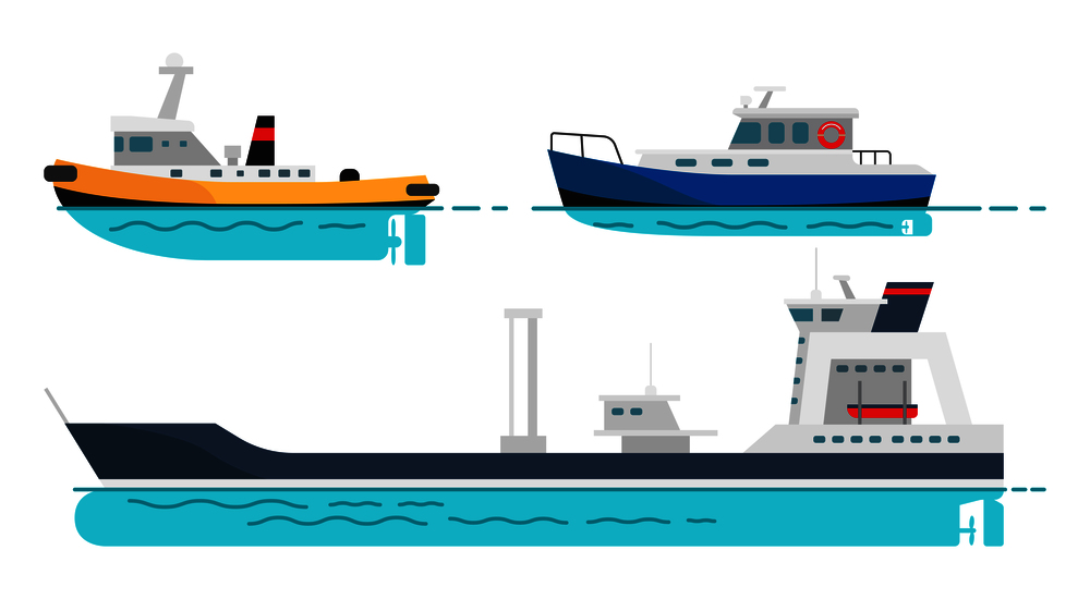 Blue fishing boat, small steamer and large cargo ship with spacious deck on water surface isolated vector illustrations set on white background.. Fishing Boat, Small Steamer and Large Cargo Ship
