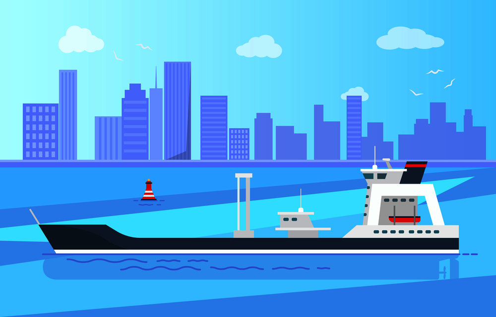 Spacious empty cargo ship on calm water surface with red buoy, high skyscrapers, blue sky and white gulls on horizon vector illustration.. Spacious Empty Cargo Ship on Calm Water Surface