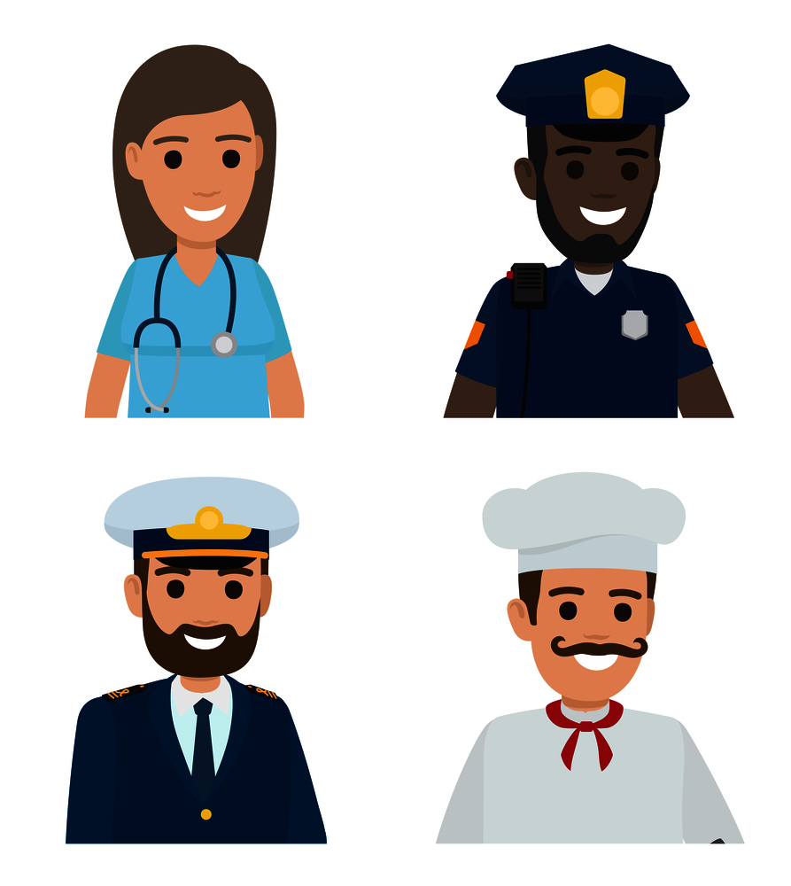 Four professions vector illustration of female doctor in blue uniform, black male policeman, bearded sailor and whiskered chef cook. Professions Vector Doctor, Policeman, Sailor, Cook