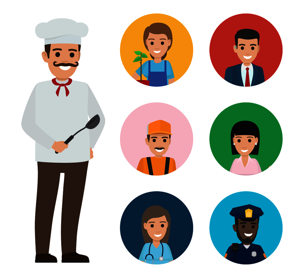 Italian chef in white uniform, mustache and ladle with round icons with happy representatives of most common professions vector illustrations.. Italian Chef and Set of People of Different Jobs