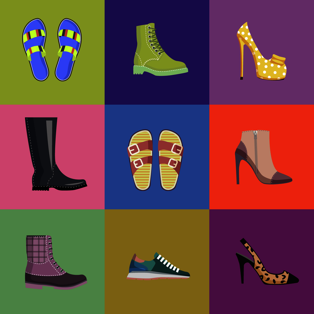 Set of women footwear summer and autumn nine icons on colorfull squares. Vector illustration of high-heeled shoes, light flip-flops, turquoise sneakers, lace boots and black watertights.. Set of Women Footwear Summer and Autumn Nine Icons
