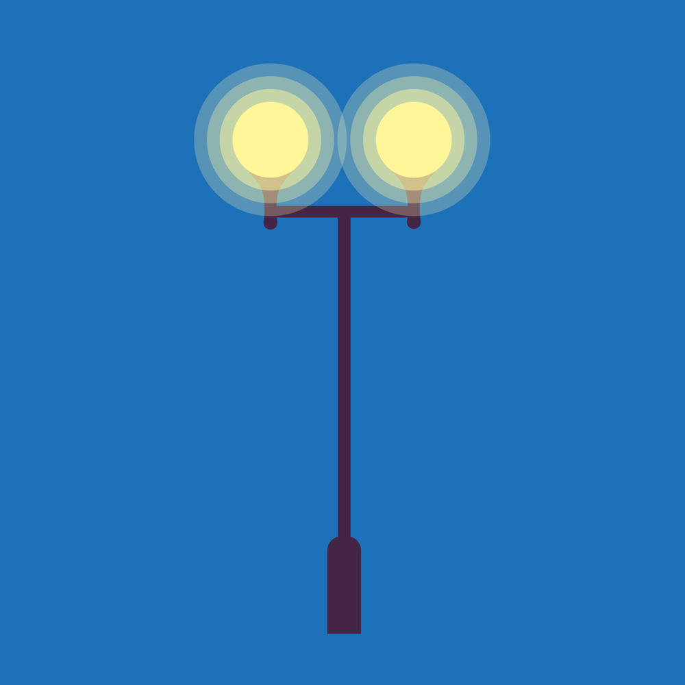 Dark street lamp with two burning light bulbs on blue background. Vector illustration of lighting flat design close-up icon.. Street Lamp with Two Burning Light Bulbs on Blue
